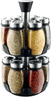 Immagine prodotto di Scaffale girevole per 12 barattoli di spezie e set di shaker per bottiglie da cucina