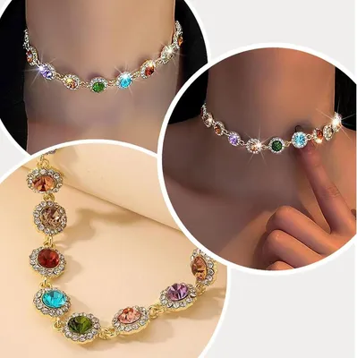Bunte Kristall-Choker-Halskette mit Strass - Mehrfarbig