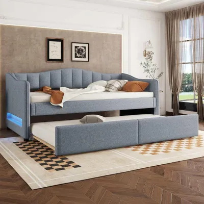 Zdjęcie produktu dla Łóżko dzienne z rozkładaną sofą, podświetlany nastrojowy design, minimalistyczny styl lnu, idealne do pokoi jednoosobowych, bez materaca, 90x200cm, szare
