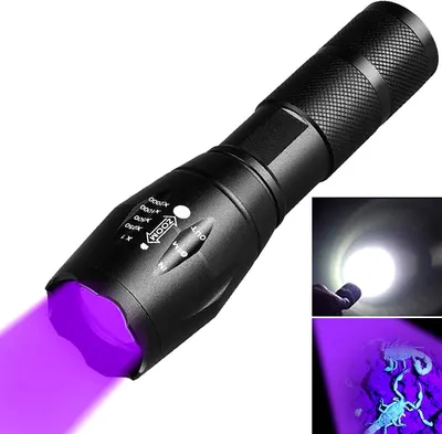 Obrázek produktu pro Vodotěsná hliníková svítilna 2v1 s UV detektorem, černá, 13 cm x 3 cm, napájení 3x AAA baterie