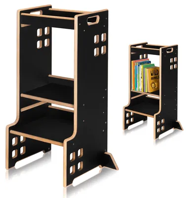 Lernturm 2-in-1 aus Holz, höhenverstellbar, mit Bücherregal, schwarz