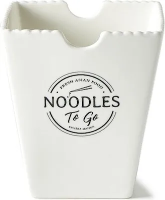 A white ceramic bowl with a black graphic design advertising noodles.