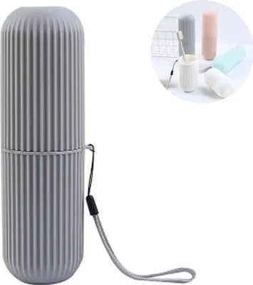 A gray toothbrush holder is shown on a white background, with a smaller inset image showing multiple toothbrush holders in different colors and a toothbrush in a cup.