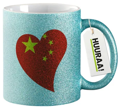 Produktbild von Huuraa Glitzertasse China Flagge Herz 330ml Blau Keramik Kaffeebecher Geschenkidee