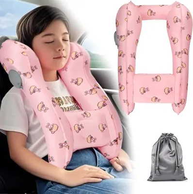 Image de Elzusha - Coussin de voyage pour enfants, en forme de H, gonflable, support pour la nuque, rose