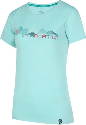 Mintgrünes Peaks T-Shirt W von La Sportiva mit Bergmotiv und Logo auf der Vorderseite.