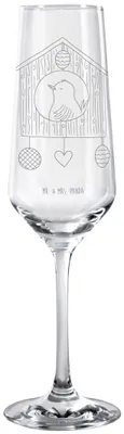 Produktbild von Mr. & Mrs. Panda Glas Vogelhaus Home - Transparent - Geschenk, Hausbau, Umzug, Haus, Vogel, Sektglas, Lustige Sprüche, Trinkglas, Sektflöte, mit Gravur, Champagnerglas