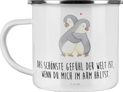 Produktbild von Mr. & Mrs. Panda Emaille Tasse Pinguine Kuscheln - Weiß - Geschenk, für Freundin, Valentinstag, Becher, Jahrestag, Hochzeitstag, Teetasse, Pott, Mitbringsel, Haferl