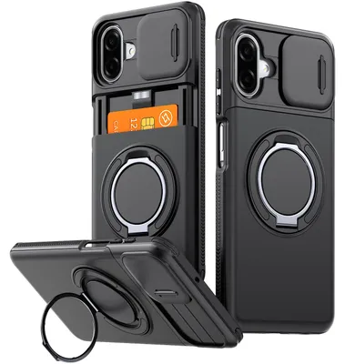 Image de Coque de protection pour téléphone Samsung Galaxy A06 / A07 5G/4G, avec compartiment pour cartes, protection coulissante pour l'appareil photo, support à anneau et protection anti-chocs, de couleur noire