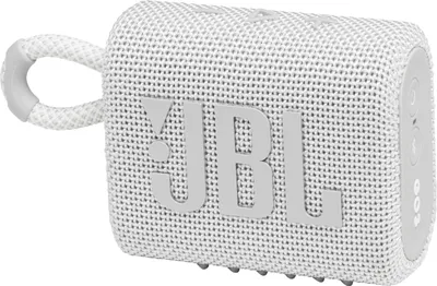 A white JBL Go 3 portable speaker is shown from a side angle.