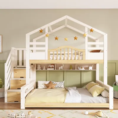 Produktbild von okwish Kinderbett 90/140×200 mit zwei Matratze und Aufbewahrungsleiter, Etagenbett mit Sicherheitsgeländer und offenen Fächern,Stockbett in Weiß
