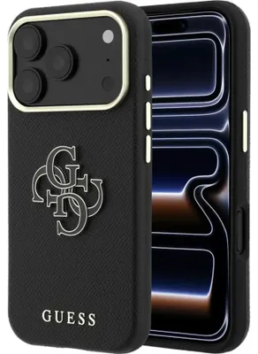 Immagine prodotto di Custodia per iPhone 18 Pro Max / 17 Pro Max, Guess, motivo "Grained" con grande logo in resina, colore nero
