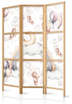 Immagine prodotto di Pannello decorativo giapponese, paravento a 3 ante, divisorio per ambienti, pieghevole, realizzato in tessuto non tessuto di alta qualità, con motivo di orsetti e palloncini, ideale per la cameretta dei bambini, dimensioni 135 cm x 172 cm