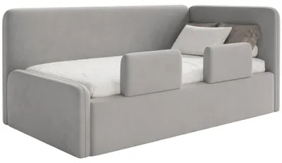 Produktbild von Selsey Fanko – Kinderbett 90x200 cm mit Rausfallschutz, Matratze, Kopfteil rechts, Samt,Hellgrau
