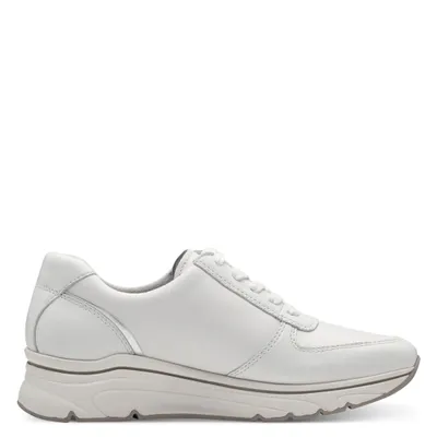 A white leather sneaker is shown from the side against a white background.