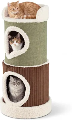Imagen del producto de Árbol rascador para gatos, diámetro de 41 cm, 85 cm de alto, con 2 escondites para gatos, cojín lavable y zona de descanso. Ideal para gatos pequeños y medianos de hasta 10 kg. Color: verde y marrón