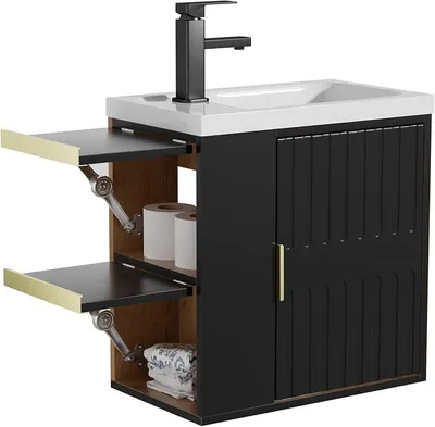 Produktbild von Waschtisch mit Unterschrank hängend 50cm, Schwarz | Waschtisch kleine, Waschbecken mit Wasserhahn, Schrank hängend, Waschplatz ausreichend Stauraum,Badmöbel Set für Badezimmer