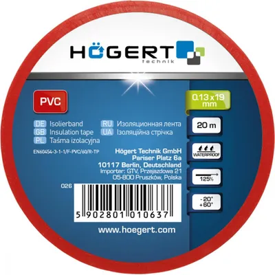 Imagen del producto de Cinta aislante de 0,13 mm x 19 mm x 20 m, color rojo – Para trabajos de reparación y montaje en instalaciones eléctricas | Högert Technik