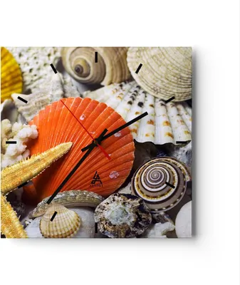 Produktbild von Wanduhr - Quadrat - Glasuhr - Seashell Meer Strand Sand - 30x30cm - Schleichendes Uhrwerk - Lautlos - zum Aufhängen bereit - Dekoration Modern - Wanddekoration aus Glas - C3AC30x30-0456