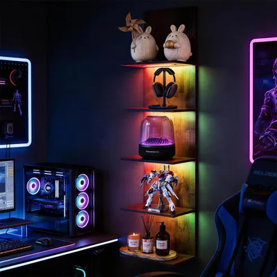 Zdjęcie produktu dla Półka ścienna Regał na książki z podświetleniem RGB+IC, półka wisząca Półka ścienna 30×18×117 cm 5-stopniowa półka wisząca Regał dekoracyjny do holu, salonu, pokoju wystawowego