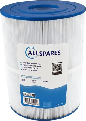 A white and blue whirlpool filter with a label.
