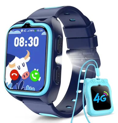 Immagine prodotto di Smartwatch 4G per bambini, con GPS e slot per scheda SIM per chiamate, chat vocale, funzione SOS, torcia, modalità scuola, resistente all'acqua (IP68), orologio per bambini, colore azzurro, adatto a ragazzi