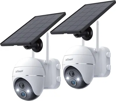 Two white and black solar-powered security cameras are shown against a white background.