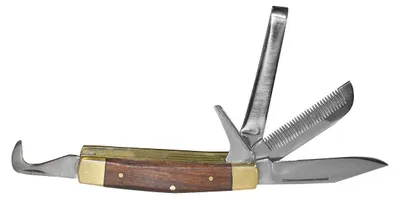 Imagen del producto de Cuchillo para jinetes de la marca Kerbl, con mango de madera, que incluye diferentes tipos de cuchillas, y viene embalado