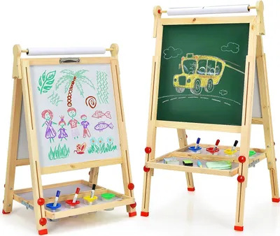 Produktbild von 3 in 1 doppelseitige Kinder Staffelei aus Holz, höhenverstellbare Kinderstaffelei Kindertafel mit Papierrolle Whiteboard und Kreidetafel, inkl. Alphabet Marker Kreide Radiergummi