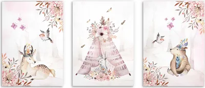 Produktbild von Kinderposter Set Wald Boho Pastell Rosa Bilder für Kinder 30x40