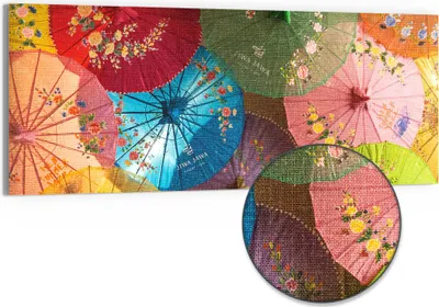 Produktbild von DEQORI Hybrid Leinwand Bild 125x50 cm 'Farbenfrohe Schirmkunst' Wandbild Glas flach modern