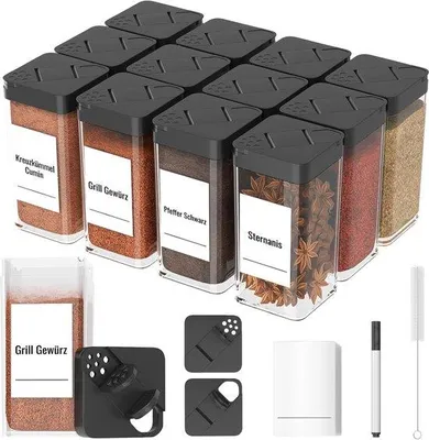 Produktbild von Set mit Gewürzbehältern mit Deckel, 12 Stück, je 120 ml, aus stabilem Kunststoff. Luftdichte, moderne Gewürzbehälter in Schwarz mit 36 Etiketten
