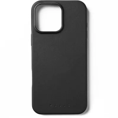 A black iPhone case is shown against a white background.