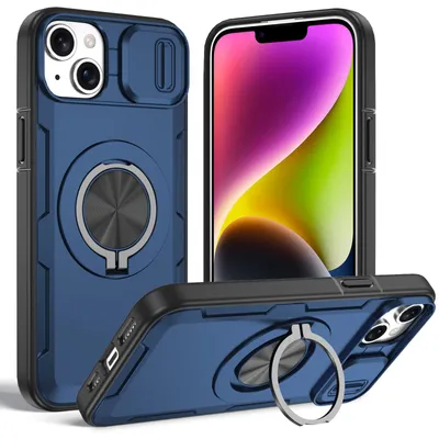 Produktbild von Magnetische Hülle für iPhone 13 /iPhone 14, Militär Stoßfest Handyhülle mit Kameraschutz und Ringhalter Ständer Blau