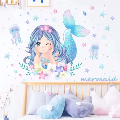 Produktbild von Wandtattoo Kinder Wandsticker,Selbstklebende Wandaufkleber Meerjungfrau,Quallen,Seesterne und Blumen,wandtattoo für Mädchenzimmer,Babyzimmer