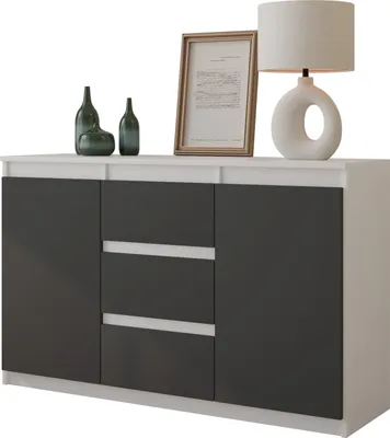 A modern sideboard with three drawers and two doors, displayed on a white background.
