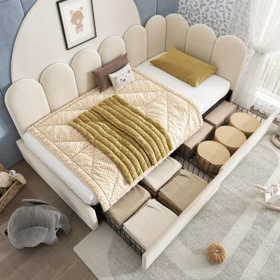 Produktbild von Polsterbett 90x190cm aus Samt in Beige mit 2 Schubladen und Lattenrost, Einzelbett Tagesbett mit gepolsterter Rückenlehne für Jugendzimmer