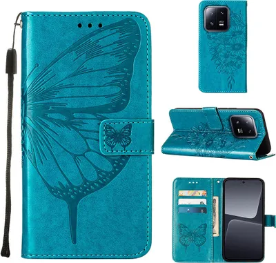 Produktbild von Lederhülle für Xiaomi 13 Pro Schmetterling Prägung Flip Ledertasche Kartenfächer Handyhülle mit Ständer Blau