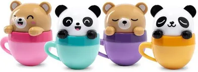 Four cute animal-themed lip balms in colorful cups.