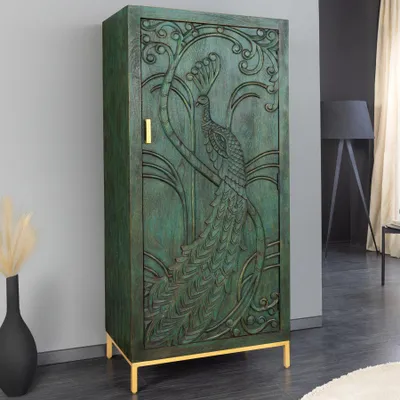 Produktbild von riess-ambiente Massives Highboard PEACOCK 170cm grün Mangoholz antik 3D Schnitzerei Pfau-Design
