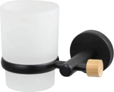 Produktbild von MSV® Zahnputzbecher "Iana" edler Zahnbürstenhalter für Zahnbürste und Zahnpasta aus Milchglas mit Halterung in schwarz matt mit Bambus