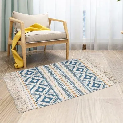 Produktbild von DigiRigi® Boho-Teppich, gewebt Baumwolle 60 x 90 cm – Vintage Marokkanisches Muster mit Quasten, waschbar, für Wohnzimmer Küche Bad Schlafzimmer Flur