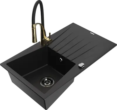 Produktbild von Mexen Cesar 1 Becken-Granitspüle mit Abtropffläche und Mischbatterie Aster, Schwarz - 6514-77-73450-57-B
