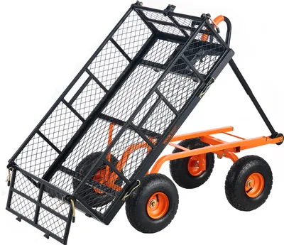 A garden cart with a black mesh bed tilted upwards, resting on an orange frame with four black tires.