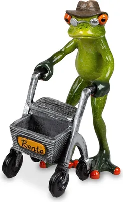 A figurine of a frog wearing a hat and glasses, pushing a walker.