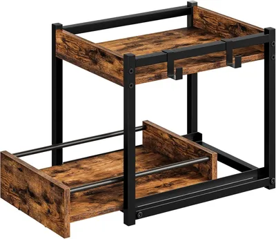 Produktbild von Küchenregal mit 2 Ebenen, Auszugsschubladen und Haken, rustikales Braun und Schwarz