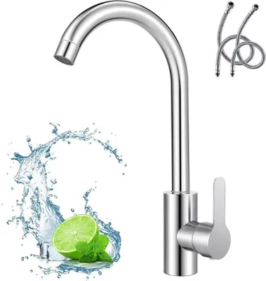 A chrome kitchen faucet with a lever handle, shown with a splash of water, a lime slice, and mint leaves. Two flexible hoses are also visible.