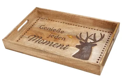 Produktbild von Gilde Deko Tablett "Hirsch" natur, aus Mangoholz "Genieße jeden Moment" nicht geeignet für Lebensmittel H: 5 cm B: 43 cm T: 28cm 41278