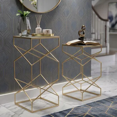 Immagine prodotto di Mauro Ferretti Set di tavolini Glassy 2pz 31,5x31,5x68 e 28x28x64 cm oro