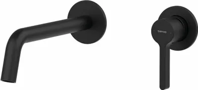 A black matte wall-mounted faucet and handle.